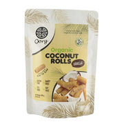 Packaging of Oorg Organic Coconut Rolls Vanilla on a white background