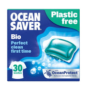 Ocean Saver plastic-free laundry detergent packaging with a blue and green design.