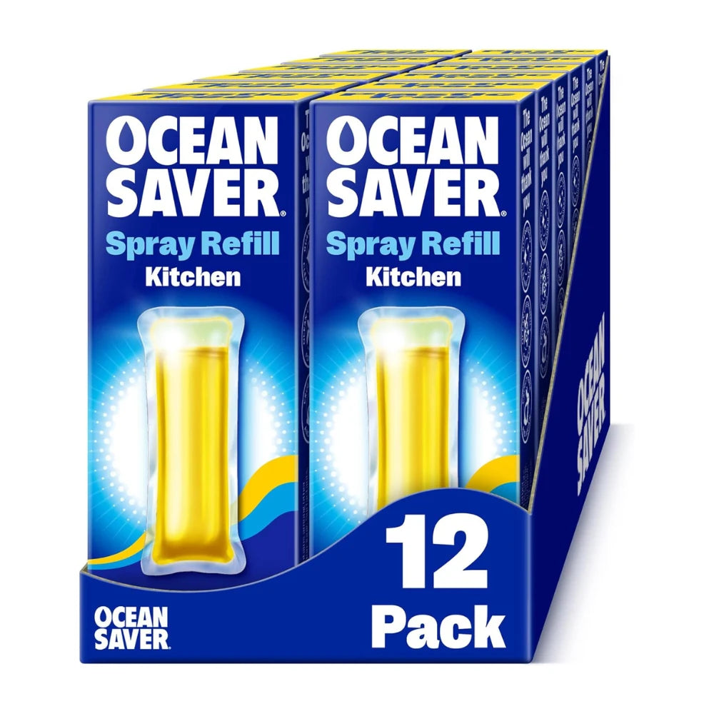 Ocean Saver Spray Refill packaging for kitchen use, displayed in a 12-pack format.