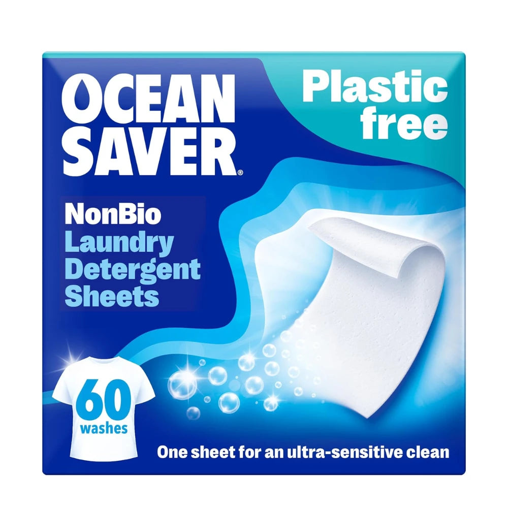Ocean Saver NonBio Laundry Detergent Sheets packaging with blue and white design.