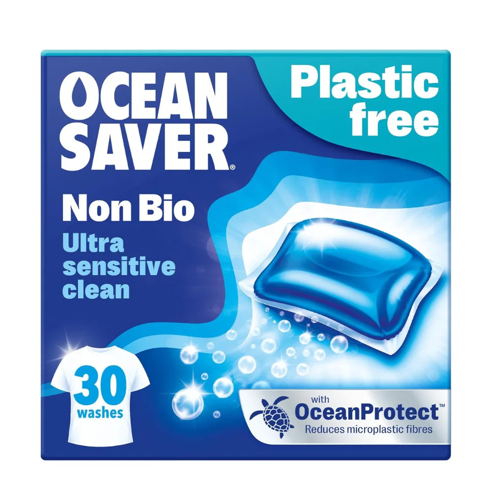 Ocean Saver laundry detergent packaging with blue and white design