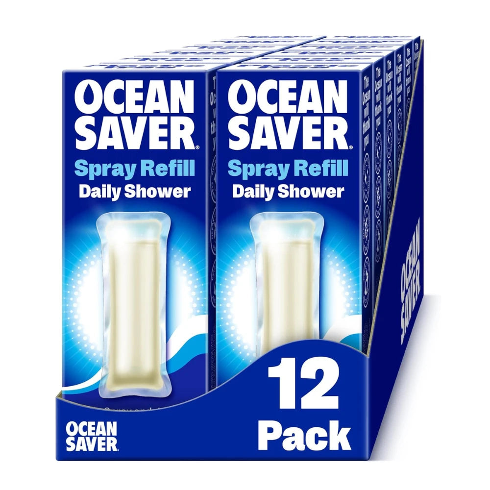 Ocean Saver Spray Refill packaging for daily shower, 12-pack on a white background
