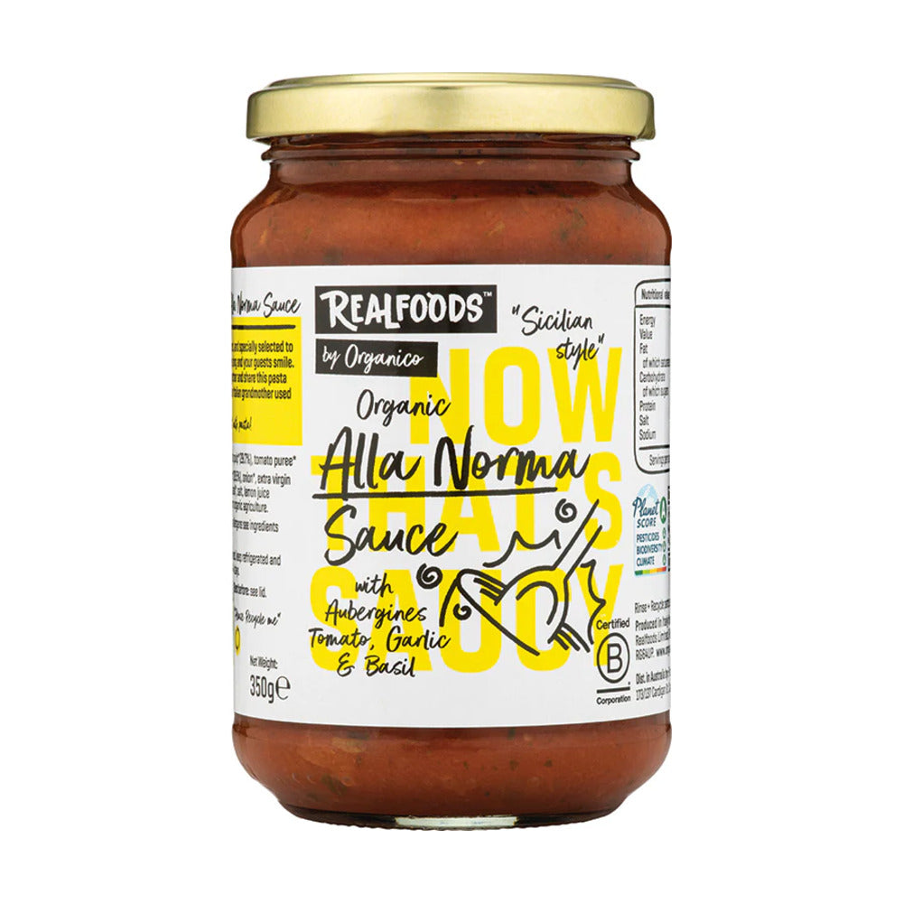 Jar of Realfoods Organic All'Ala Norma Sauce on a white background