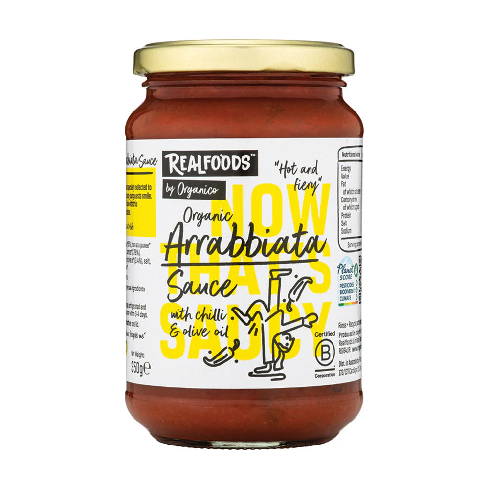 Jar of Realfoods Arrabiata Sauce with chili and olive oil on a white background