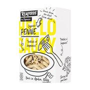 Box of RealFoods Organic Penne Pasta with branding and product illustration on a white background