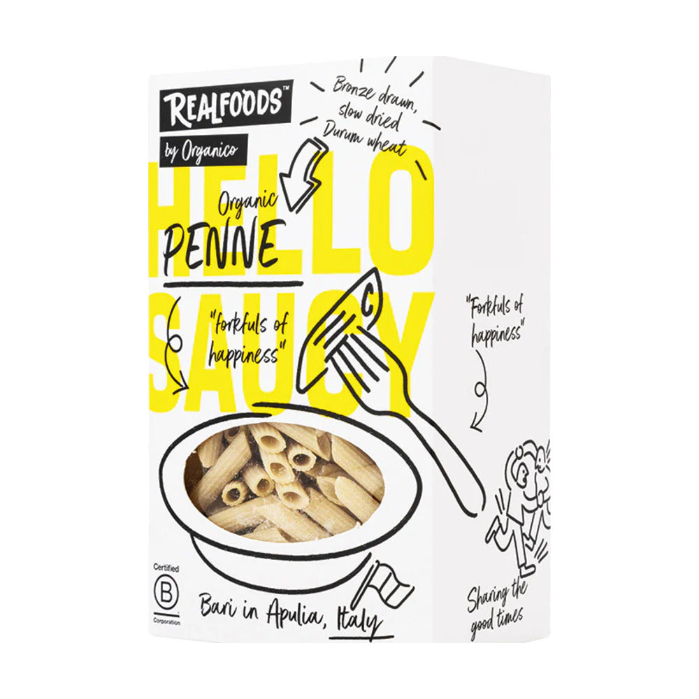 Box of RealFoods Organic Penne Pasta with branding and product illustration on a white background