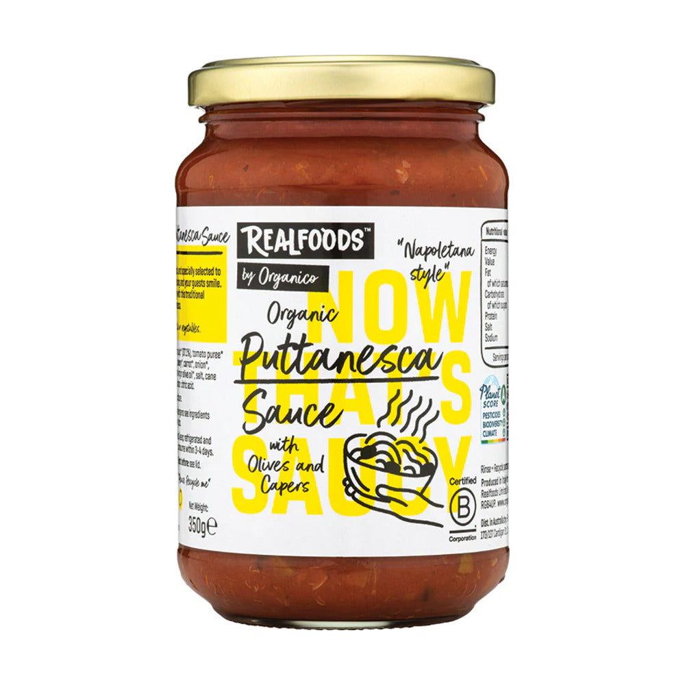 Jar of Realfoods Putanesca Sauce on a white background