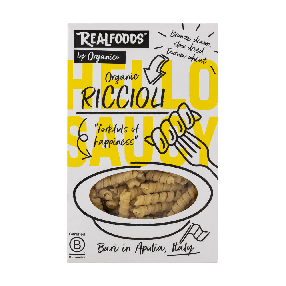 Box of RealFoods Organic Riccioli pasta with a white background