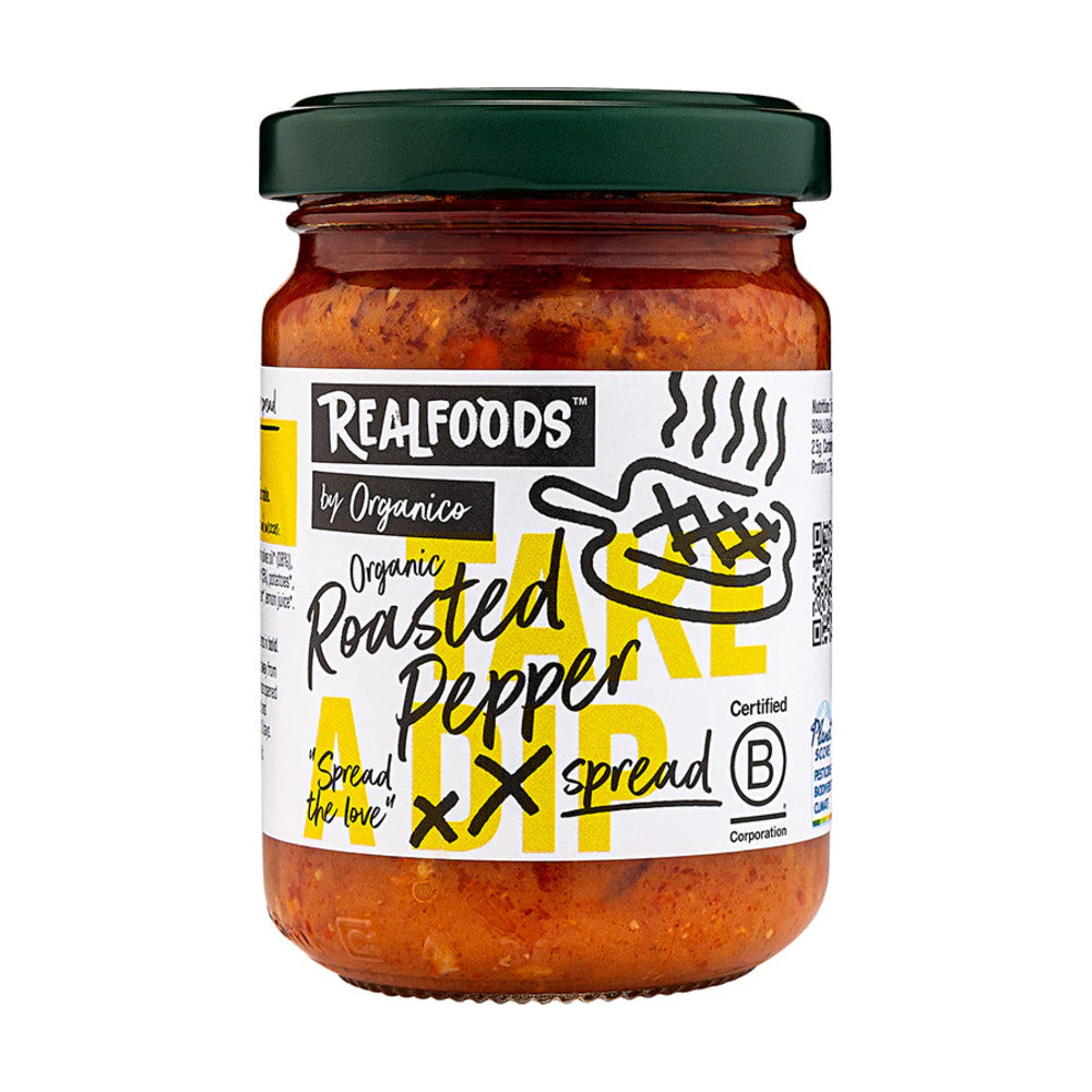 Jar of Realfoods roasted pepper spread on a white background