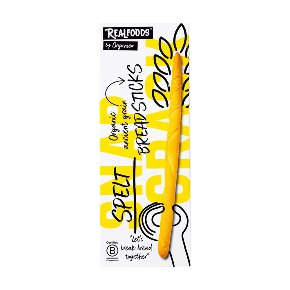 Pack of RealFoods by Organic India Spelt Bread Sticks on a white background