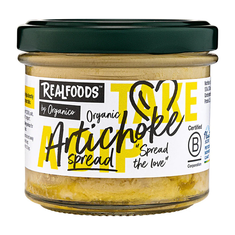 Jar of Realfoods Organic Artichoke spread with a black lid on a white background