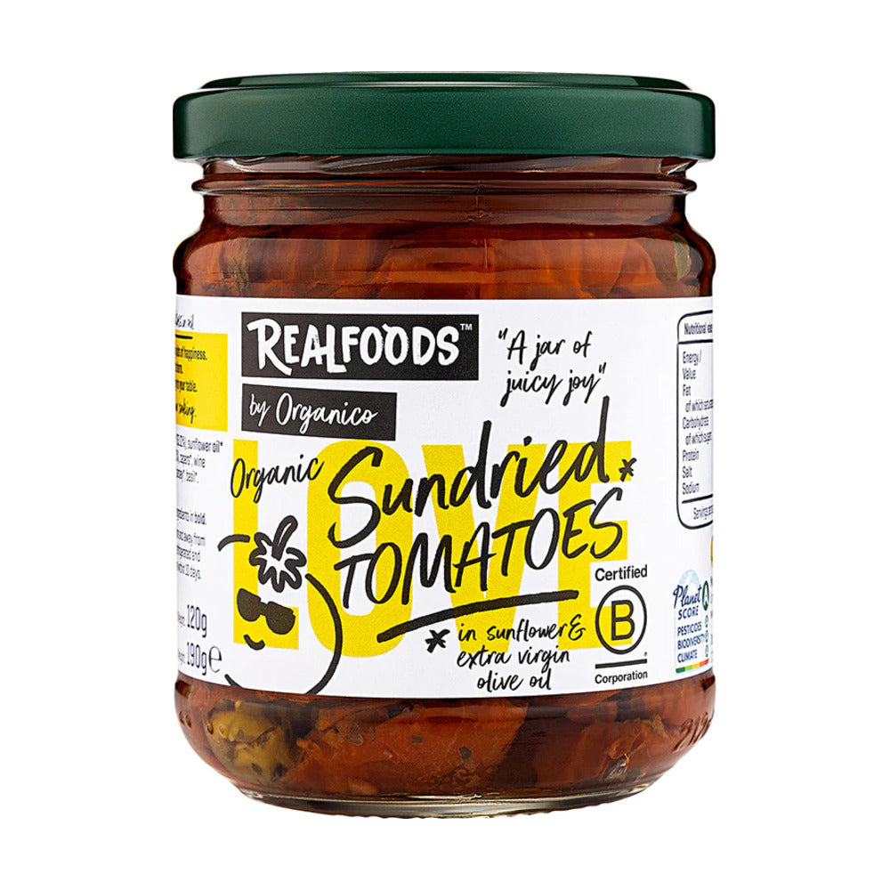 Jar of Realfoods Organic Sundried Tomatoes on a white background