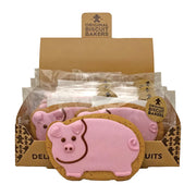 Display of pink pig-shaped cookies with 'Original Biscuit Bakers' branding.