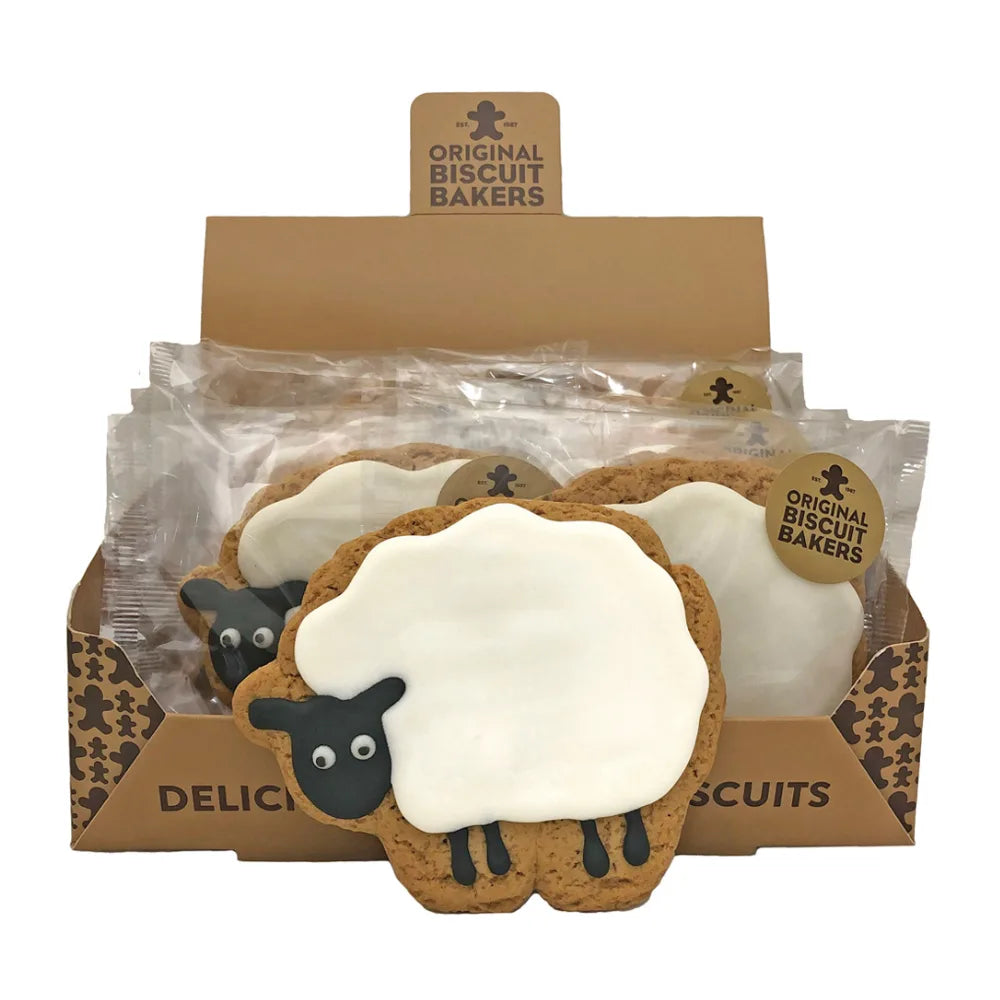 Sheep-shaped cookies in a display box with 'Original Biscuit Bakers' branding.