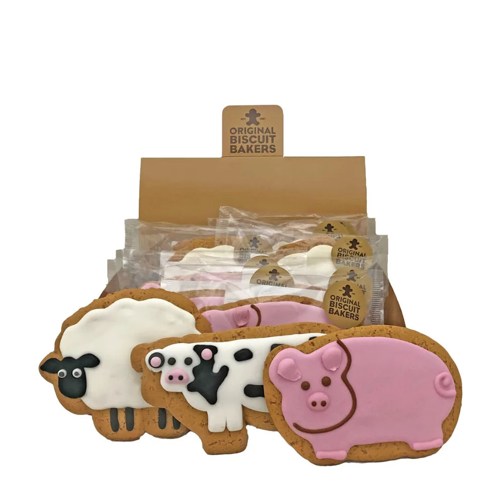 Display of animal-shaped cookies with 'Original Biscuit Bakers' branding.