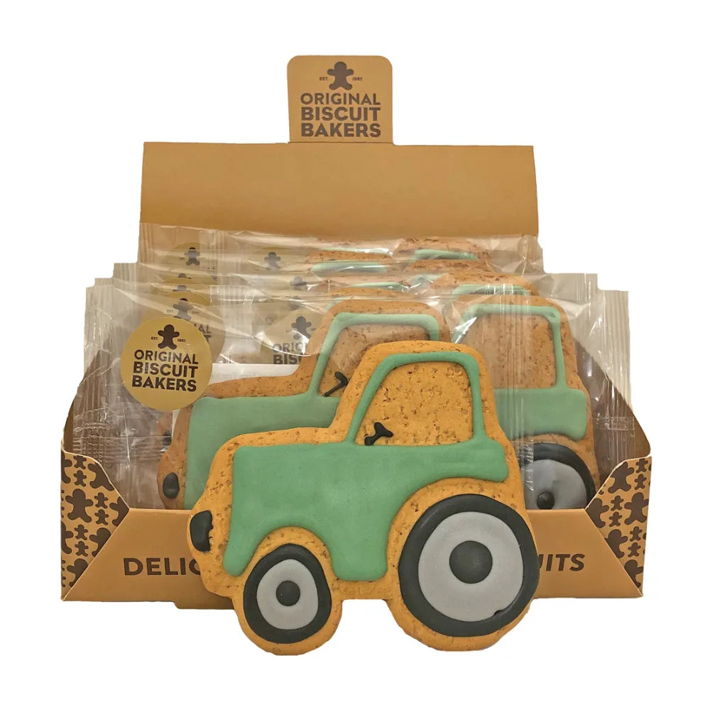 Truck-shaped cookie in packaging with 'Original Biscuit Bakers' branding