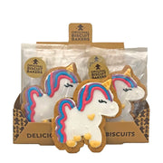 Packaged unicorn-shaped biscuits with colorful designs in a clear plastic sleeve.