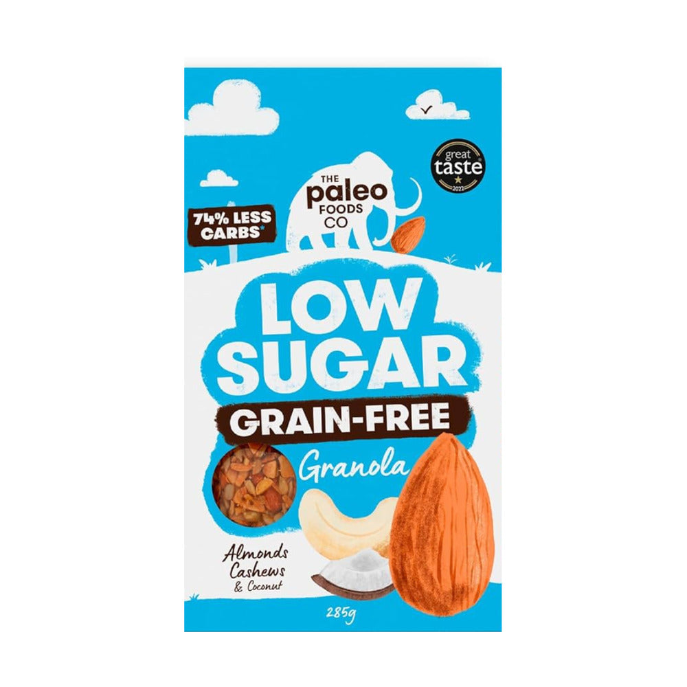Package of Paleo Foods Co low sugar, grain-free granola with almonds and coconut on a blue background