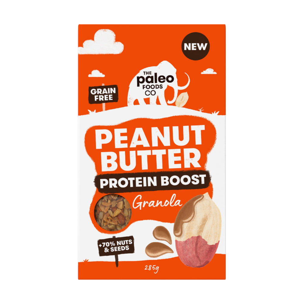 Peanut Butter Protein Boost Granola packaging from The Paleo Foods Co on a white background
