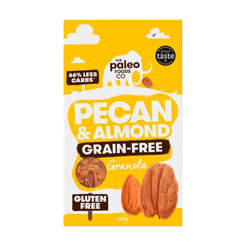 Packaging of The Paleo Foods Co Pecan & Almond Grain-Free Granola on a white background