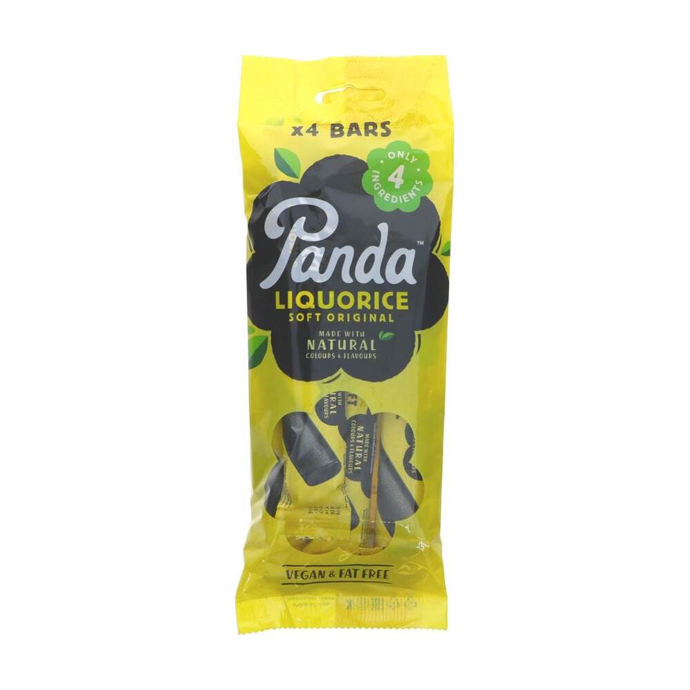 Yellow package of Panda Liquorice with black liquorice bars on a white background