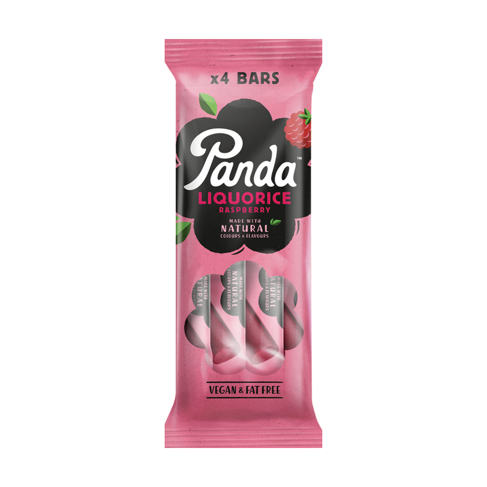 Pink packaging of Panda Liquorice Raspberry with black label on a white background