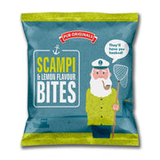 Packaging of Scampi & Lemon Flavour Bites with a cartoon fisherman illustration on a blue background.