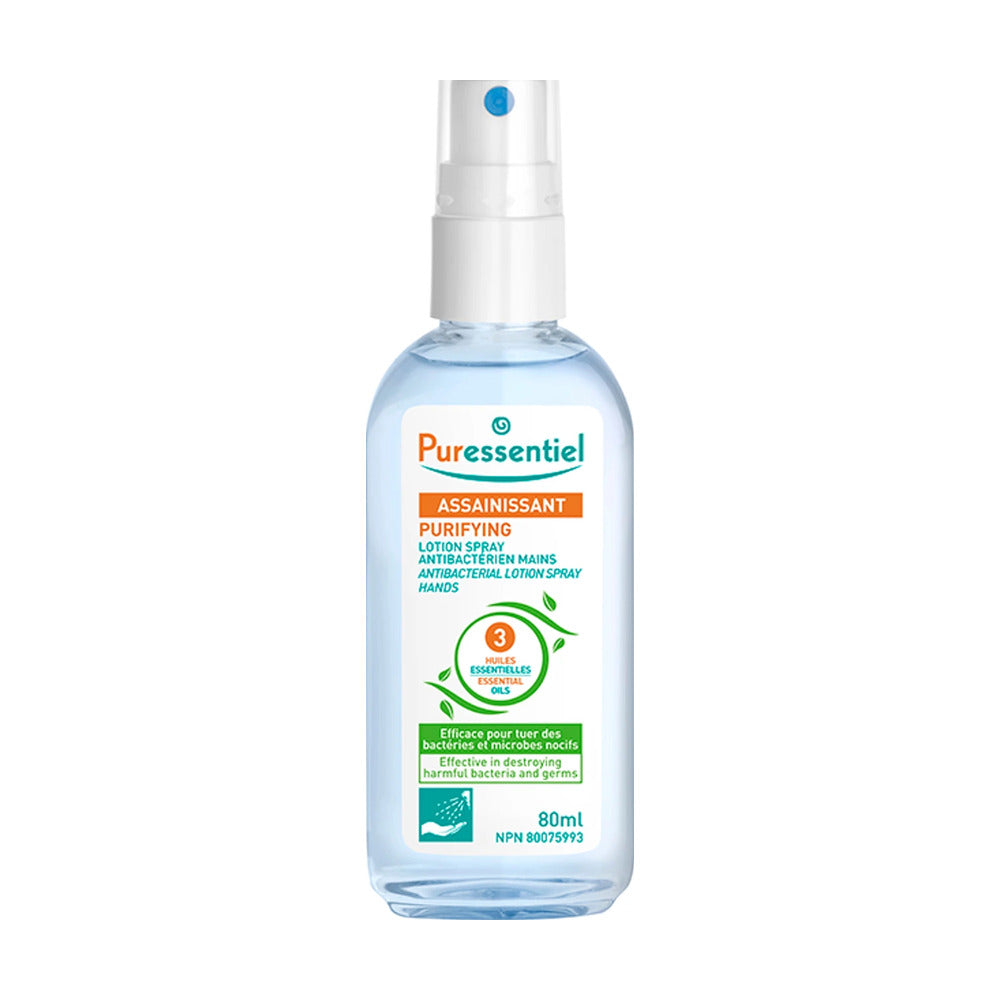 Puressentiel hand sanitizer spray bottle on a white background