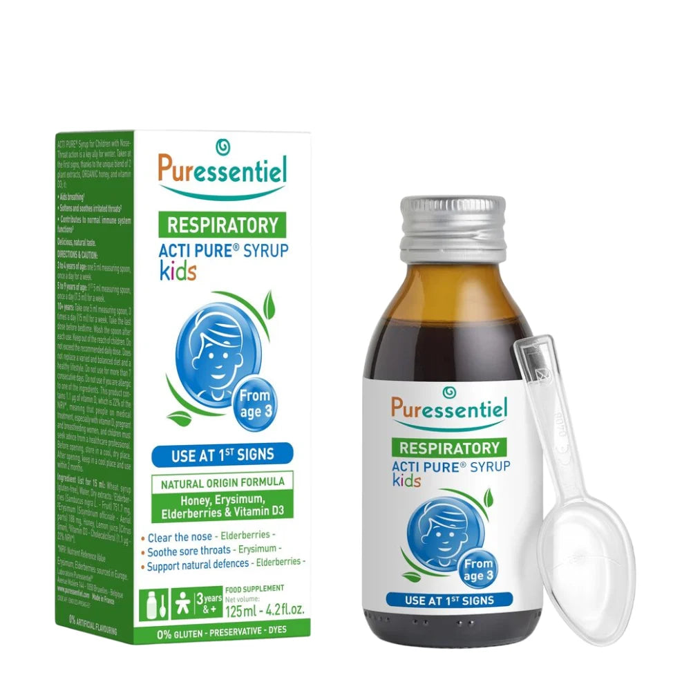 Puressentiel Respiratory Acti Pure Syrup kids packaging and bottle with spoon on a white background