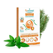 Puressentiel heating patches packaging with green leaves and pine branches on a white background