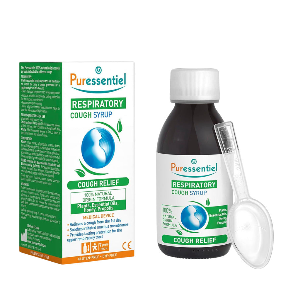 Puressentiel respiratory cough syrup bottle and packaging on a white background