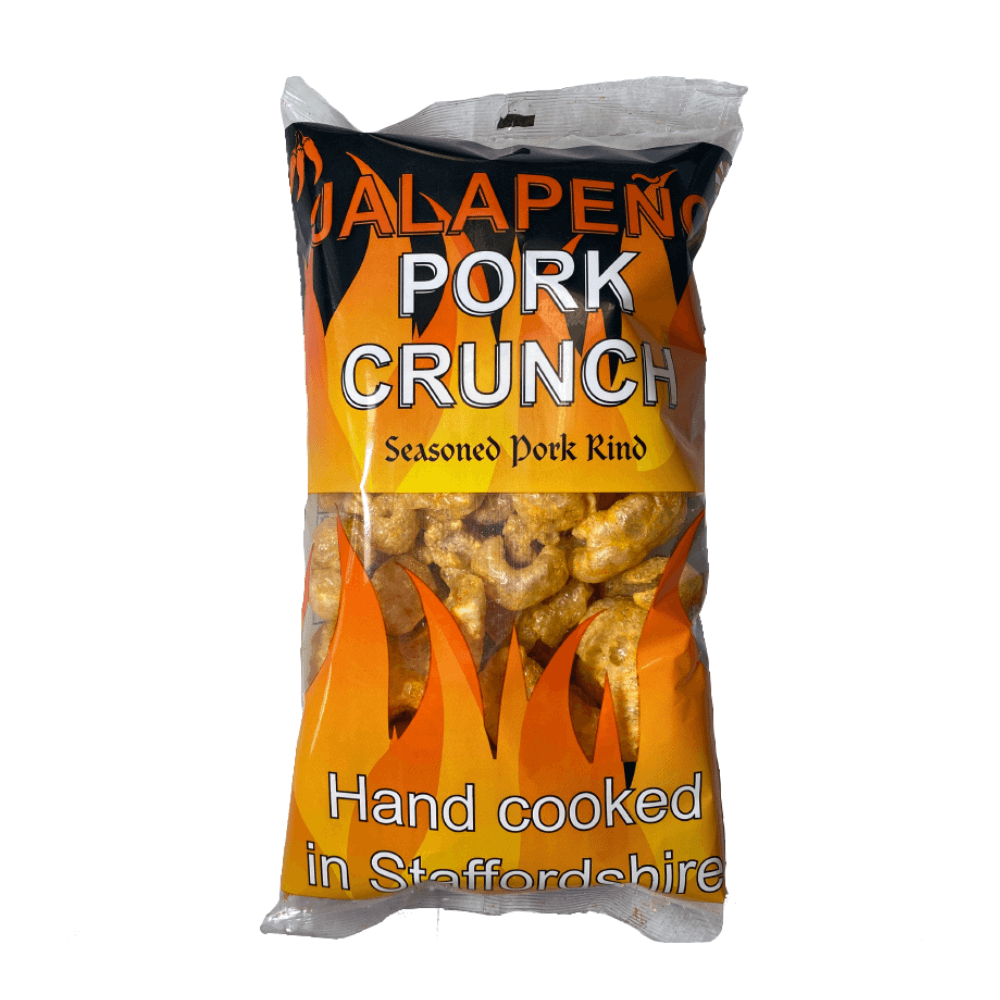 Bag of Pork Crunch with fiery design on a white background