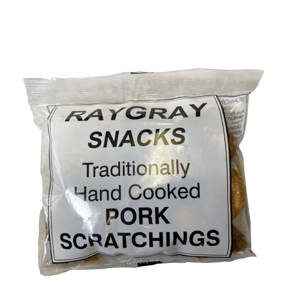 Packaged pork scratchings with 'RayGray Snacks' label on a white background