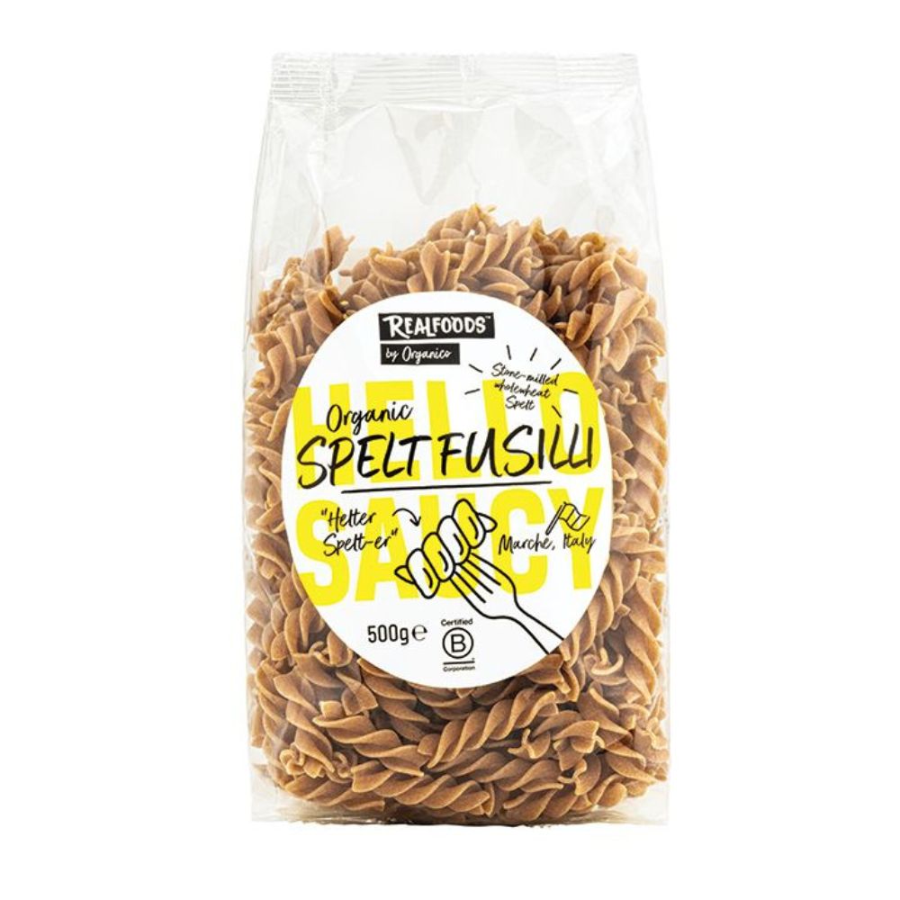 Packaged organic spelt fusilli pasta with a visible brand label on a white background