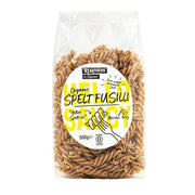 Packaged organic spelt fusilli pasta with a visible brand label on a white background