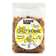 Packaged organic spelt penne pasta with a visible brand label on a white background