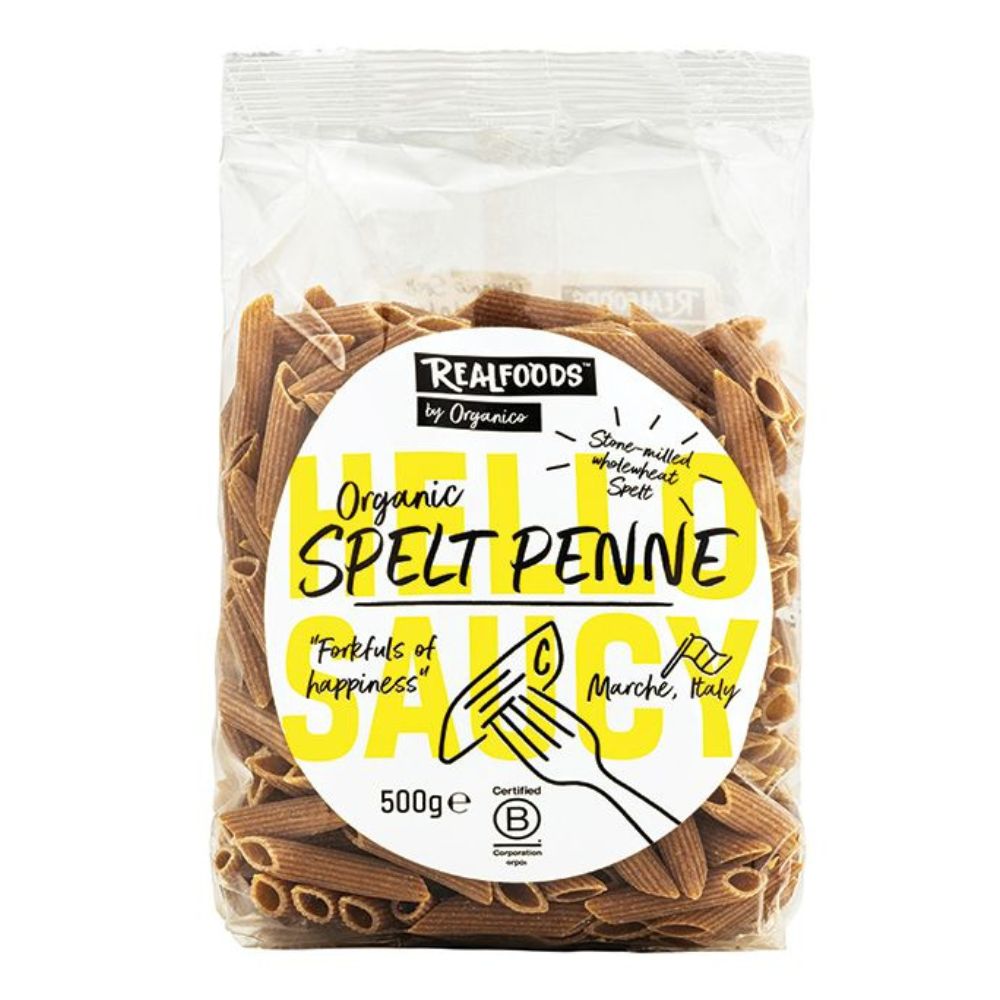 Packaged organic spelt penne pasta with a visible brand label on a white background