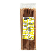 Packaged organic spelt spaghetti with a yellow label on a white background
