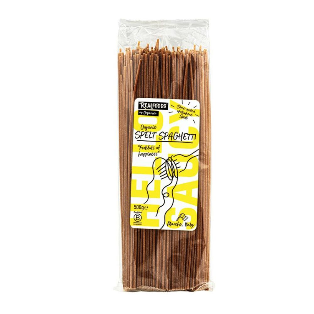 Packaged organic spelt spaghetti with a yellow label on a white background