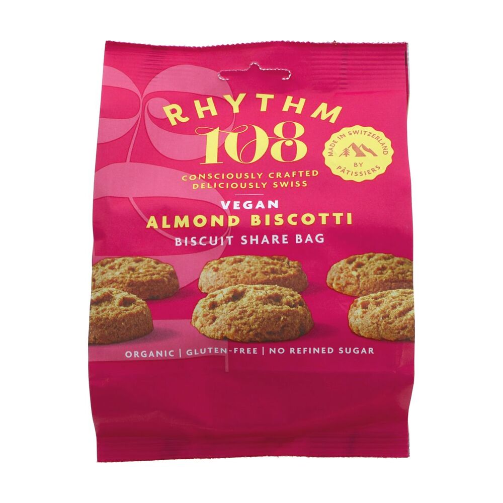 Pink packaging of Rhythm 108 Vegan Almond Biscotti on a white background