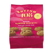 Pink packaging of Rhythm 108 Vegan Almond Biscotti on a white background