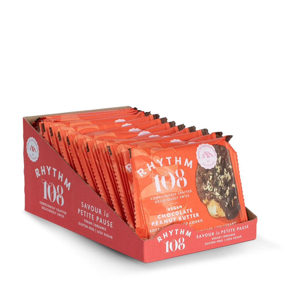 Display of Rhythm 108 snack packs in a red box on a white background