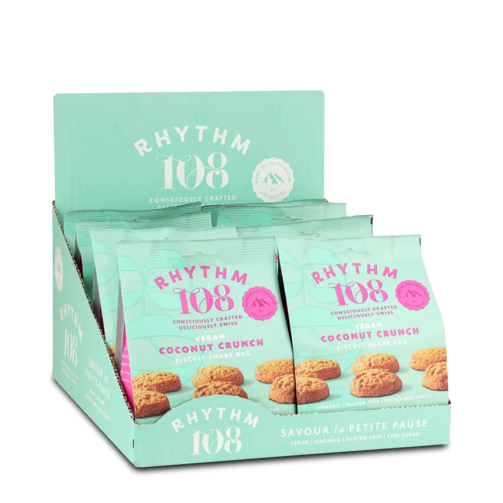 Display of Rhythm 108 coconut crunch cookie boxes on a white background