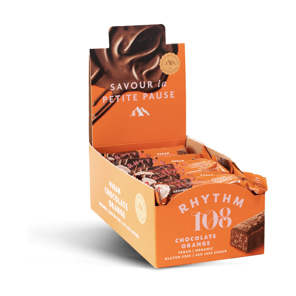 Box of Rhythm 108 Chocolate Orange bars with an open top showing the product.