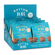 Display of Rhythm 108 vegan double chocolate and peanut biscuit share bags in a blue box.