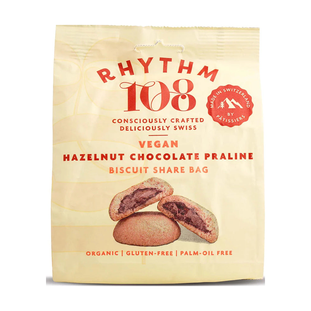 Rhythm 108 vegan hazelnut chocolate praline biscuit share bag on a white background