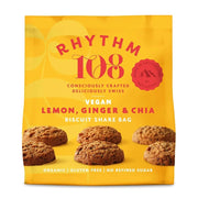 Yellow packaging of Rhythm 108 Vegan Lemon, Ginger & Chia Biscuit Share Bag with cookies on a white background