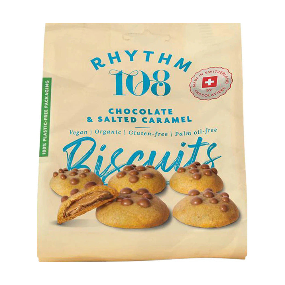 Packaging of Rhythm 108 Chocolate & Salted Caramel Biscuits with cookies on a beige background