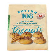 Packaging of Rhythm 108 Chocolate & Salted Caramel Biscuits with cookies on a beige background