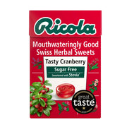Ricola Tasty Cranberry sugar-free Swiss herbal sweets packaging on a white background